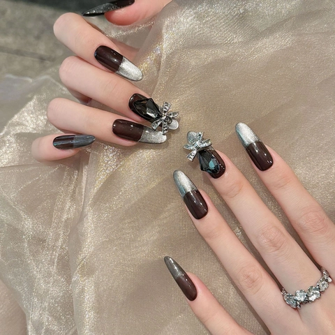 Handmade Cat Eye Gradient Press On Nails Dark Cyberpunk Style Rhinestone Butterfly Long Oval Fake Nails For Women Jewelry