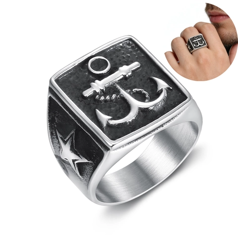 Anchor Signet Ring For Men Stainless Steel Nautical Vintage Punk Retro Style Polished Gothic Pirate Jewelry
