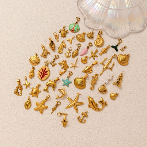 Ocean Theme Starfish Shell Sea Turtle Pendant Necklace 18K Gold Plated Stainless Steel Enamel Artificial Pearl DIY Jewelry Retro