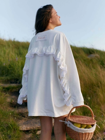 Sudadera Mujer Cuello Redondo Algodón Encaje Volantes Patchwork Suelta Manga Larga Estampado Pastoral Pullover Blanco Informal