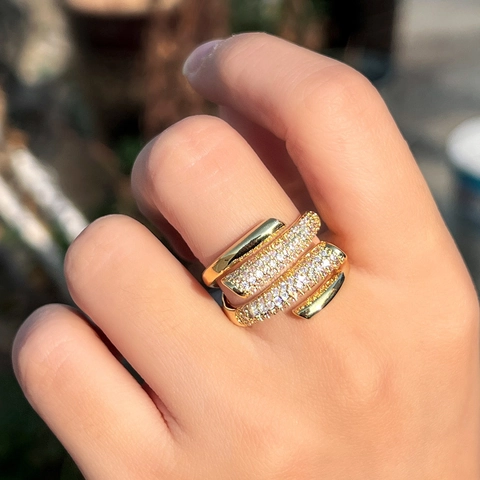 Luxus Mehrlagiger Ring Für Damen Kupfer Eingelegt AAA Zirkonia Blume Krone Offener Ring Verstellbarer Modeschmuck Bankett Geschenk