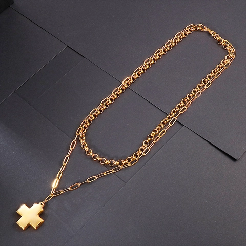 Dubbele Laag Kruis Hanger Ketting Roestvrij Staal Spiegel Gepolijst Paperclip Rolo Ketting Minimalistische Sieraden