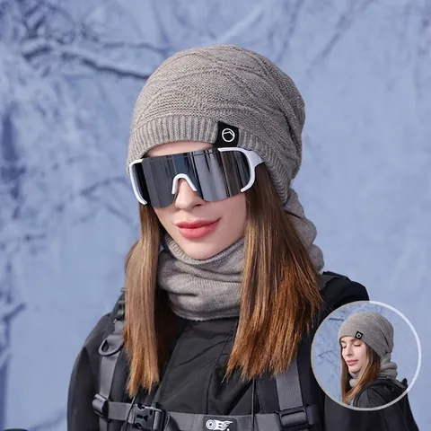 Gorro De Invierno Y Calentador De Cuello De Punto Acrílico Grueso Forro Polar Cálido Resistente Al Viento Esquí Al Aire Libre Para Mujeres