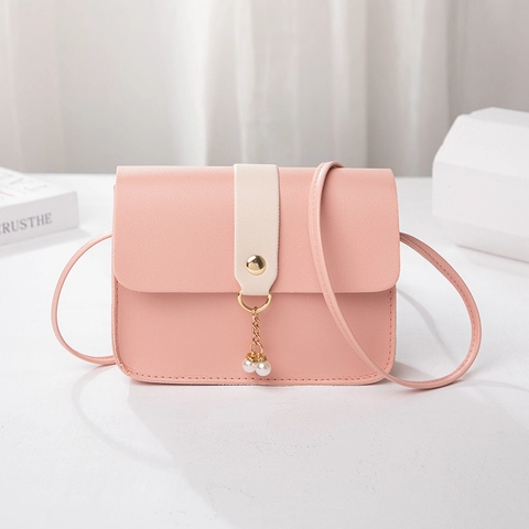Women PU Leather Crossbody Bag Mini Square Flap Purse Artificial Pearl Pendant Elegant Fashion Small Daily Shoulder Bag