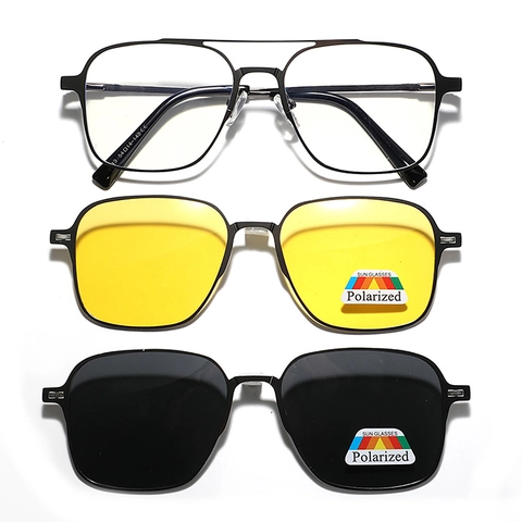 Square Magnetic Clip On Sunglasses And Night Vision Lenses Metal Frame Pilot Eyeglasses For Men Women UV400 Protection