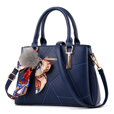 Women Fashion PU Leather Handbag With Satin Scarf Faux Fur Ball Geometric Stitching Top Handle Shoulder Crossbody Bag