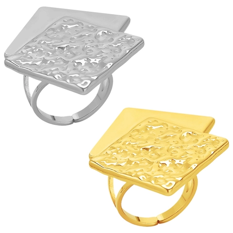 Minimalist 304 Stainless Steel Open Ring For Women Men Gold Silver Plated Hammered Texture Square Geometric Finger Ring Jewelry