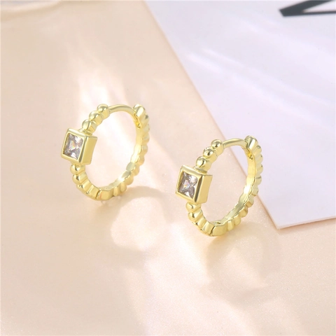 Geometric Square CZ Hoop Earrings Copper 14K Gold Plated Bead Texture Silver Earring Post For Women Minimalist