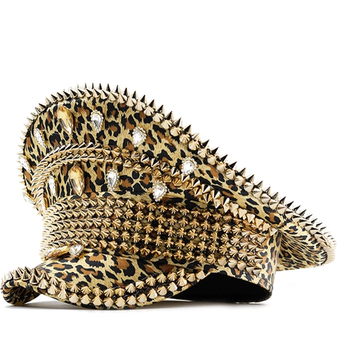 Gorra De Capitán Con Estampado De Leopardo Remaches Dorados Y Pedrería Punk Escenario Sombrero Militar Cosplay