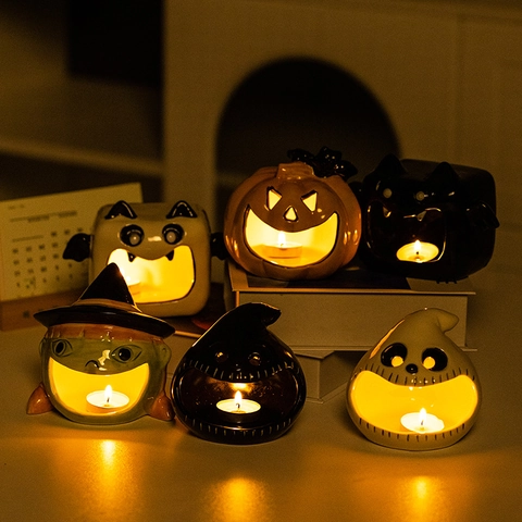 Ceramic Halloween Candle Holder Pumpkin Ghost Witch Bat Tealight Holder Festive Desktop Ornament Home Decor Gift