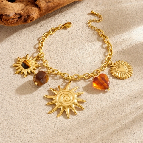 Pulsera De Acero Inoxidable Chapada En Oro Colgantes Sol Corazón Ojo De Tigre Joyería Vintage Para Mujer