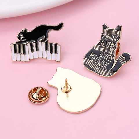 Juego de 3 Broches de Esmalte de Gato Negro y Piano Creativos para Mujer Tema Musical Aleación Goteo de Aceite Pin de Solapa Joyería