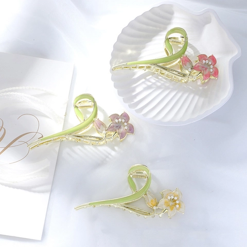 Elegant Alloy Flower Hair Claw Clip With Enamel Orchid Shape And Imitation Artificial Pearl Decorative Large Hairpin For Women