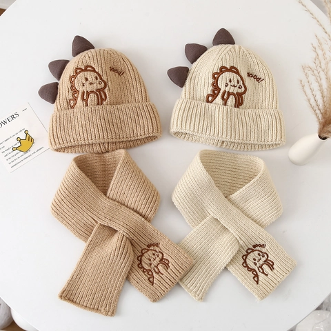 Kids Knitted Beanie Hat And Scarf Winter Warm Outdoor Dinosaur Cartoon Embroidery 3D Spikes Soft Toddler Boys Girls