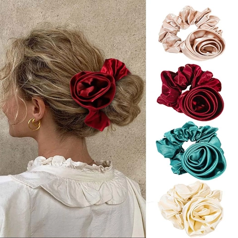 Élégant Grand Chouchou Fleur de Rose en Satin Élastique à Cheveux en Tissu Floral Fait à la Main pour Femmes Filles Accessoires de Mode