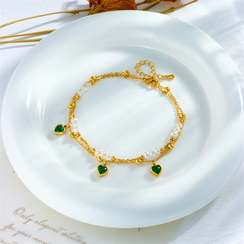 Vintage Gold Stainless Steel Double Layer Anklet With Green Heart Pendants And Beads Fashion Foot Jewelry For Women Daily