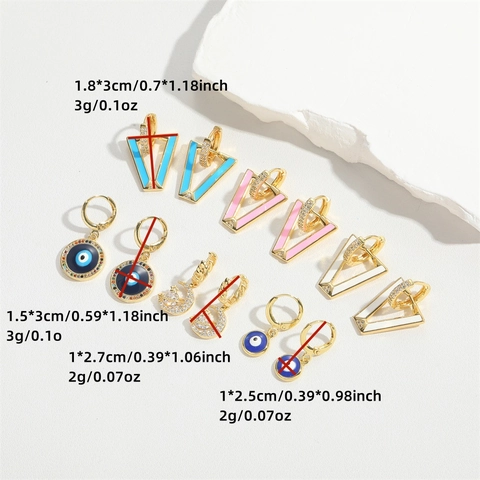 Pendientes minimalistas de cobre con circonita Ojo Turco para mujer Pendientes largos de triángulo geométrico Joyas chapadas en oro con luna y estrella