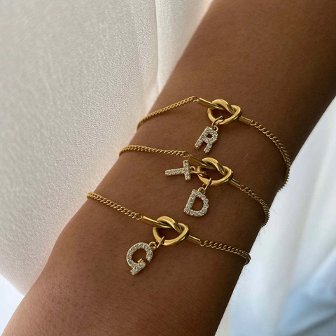 Love Knot Initial Letter Pendant Necklace Bracelet Stainless Steel 18K Gold Plated Rhinestone Minimalist Jewelry For Women