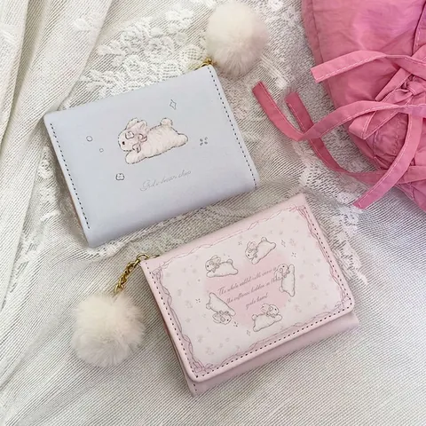 Cute Rabbit Print Short Foldable Wallet PU Leather Multi Card Slots Heart Photo Window Pom Pom Charm Sweet Style