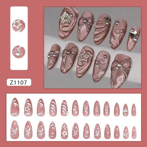 Press On Nails Katzenauge Rosa Mit 3D Silberner Schleife Strass Stern Künstliche Perle Mandel Lange Künstliche Nägel