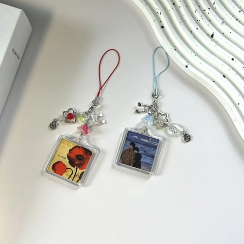 Creative Acrylic Keychain Cartoon Bag Pendant With Beads Illustration Style Square Charm Sweet Bag Accessories Keychain