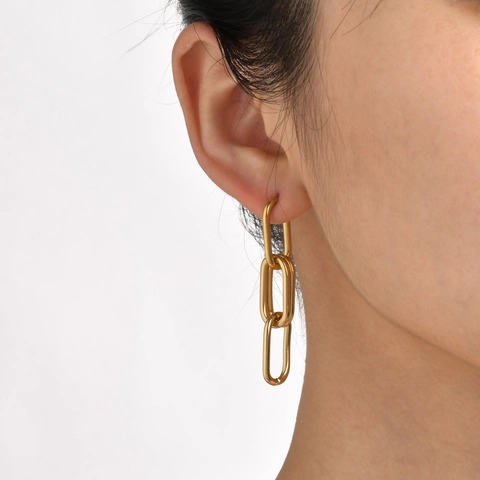 Link Chain Earrings Stainless Steel IP Gold Plated Geometric Cubic Zirconia Paperclip Interlocking Dangle Studs For Women