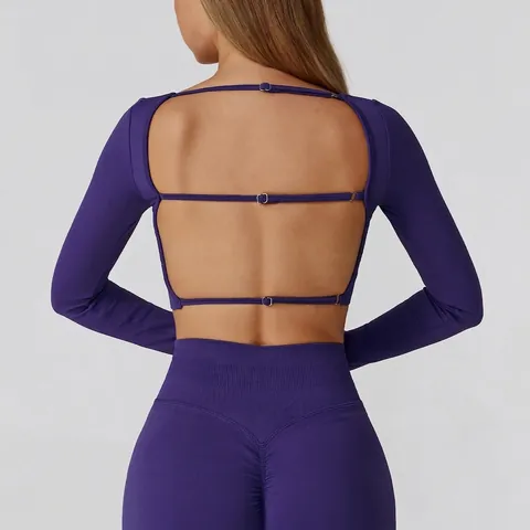 Dames Naadloos Yoga Sportpak Lange Mouwen Open Rug Top En Hoge Taille Leggings Strakke Gym Fitness Kleding