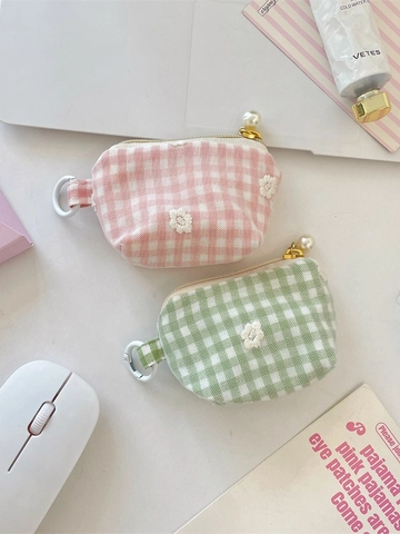 Mini Coin Purse Lattice Gingham Cloth Daisy Embroidery Artificial Pearl Zipper Portable Lipstick Pouch Earphone Storage Cute Bag