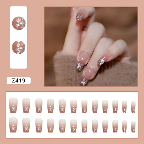 Künstliche Nägel Zum Aufkleben Lang Sargform Farbverlauf Nude Rosa Mit Künstliche Perlenblume Glitzer Elegante Falsche Nägel Für Frauen