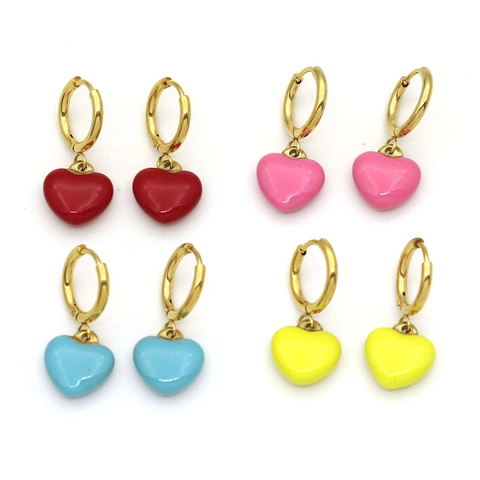 Fashionable Heart Pendant Hoop Earrings Stainless Steel Enamel Jewelry Colorful Candy Color Korean Chic Style For Women