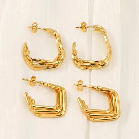 Geometric Hoop Earrings 18K Gold Plated Stainless Steel Minimalist Twisted Square Studs For Women Fashion