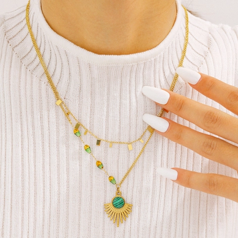 Edelstahl Halskette 18K Vergoldet Asymmetrisch Sonnenfächer Anhänger Grün Malachit Lagenlook Vintage Schmuck Damen