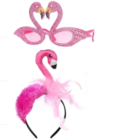 Flamingo Party Glasses And Headband Glitter Rhinestone Feather Hawaiian Luau Costume Accessory Novelty Pink