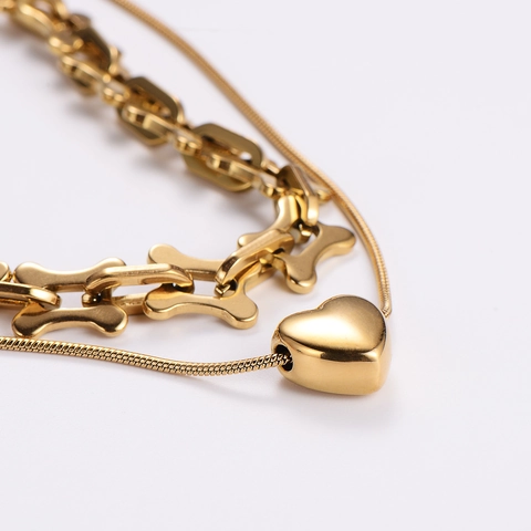 Double Layer Heart Pendant Necklace 18K Gold Plated Stainless Steel Bone Link Chain Snake Chain Trendy Jewelry For Women