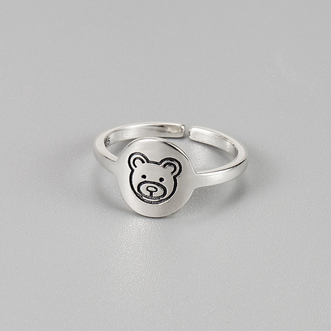 S925 Sterling Silver Cartoon Bear Open Ring Vintage Antique Finish Minimalist Adjustable Finger Ring For Women Cute Jewelry