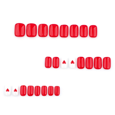 Red White Heart Press On Nails Glossy Short Square Artificial Nails For Women Valentine Day Sweet Romantic Manicure