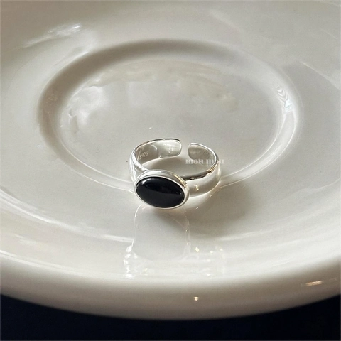 Bague Ouverte En Argent Sterling 925 Avec Agate Noire Ovale Bijoux De Doigt Rétro Minimalistes Réglables