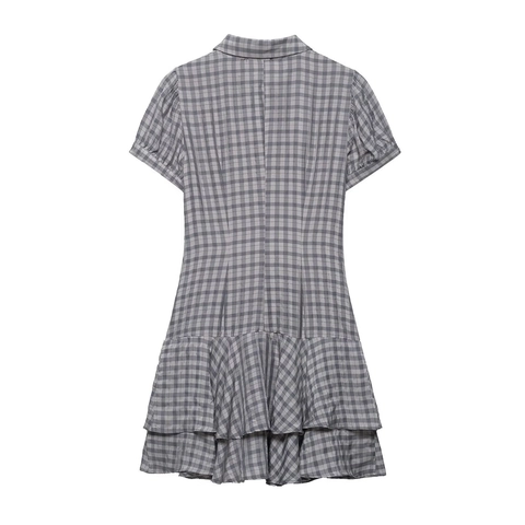 Gingham Plaid Short Sleeve Mini Dress Polyester Shirt Collar Button Down Tiered Ruffled Hem Sexy Style For Women