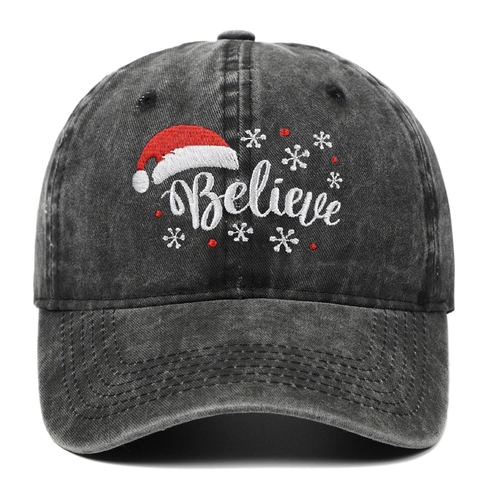 Casquette De Baseball De Noël Coton Lavé Brodé Chapeau De Père Noël Flocon De Neige Lettre Believe Vintage
