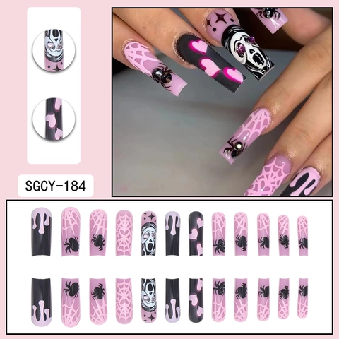 Unghie Finte A Pressione Lunghe Coffin Halloween Ragnatela Teschio Cuore Rosa Nero Strass Unghie Artificiali