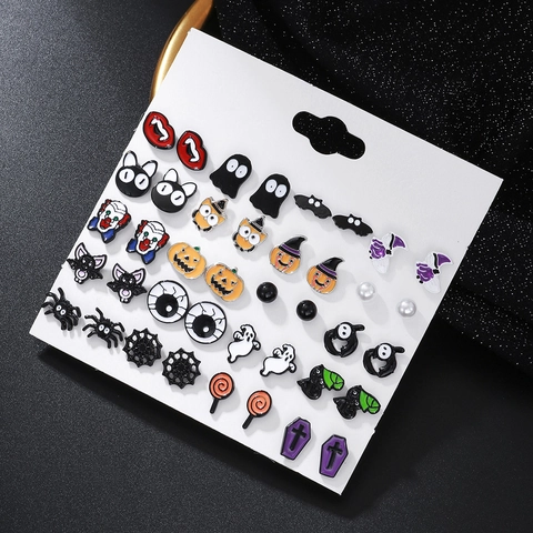Halloween Stud Earrings Assorted Alloy Enamel Pumpkin Ghost Spider Bat Funny Cartoon Jewelry For Women Stainless Steel Post