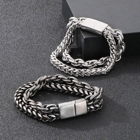 Heren Mehrlagiges Kettenarmband Edelstahl Geflochten Weizen Panzerkette Rock Hip Hop Stil Vintage Schmuck