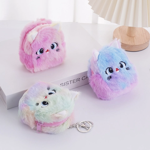 Plush Cat Coin Purse Mini Small Wallet Gradient Rainbow Fluffy Zip Pouch With Keychain Kawaii Cartoon Kids Bag
