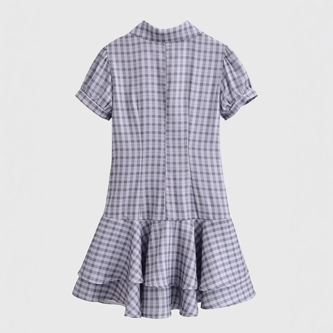 Plaid Gingham Mini Dress Polyester Short Sleeve Lapel Collar Button Up Tiered Ruffle Hem Retro Sweet Style Women