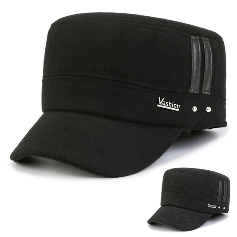 Herren Cadet Cap Wollener Flacher Hut Mit Ohrenklappen Winter Warm Militärstil Verstellbar Lederstreifen Metall Dekor