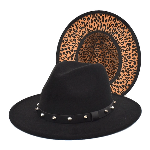 Women Wide Brim Fedora Hat Woolen Felt With Leopard Print Underside And Rivet Studded Belt Vintage Jazz Cap