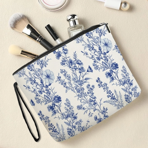 Bolsa De Maquillaje Con Estampado Floral Azul Neceser De Imitación De Lino Con Cremallera Y Asa De Muñeca Organizador Para Mujer