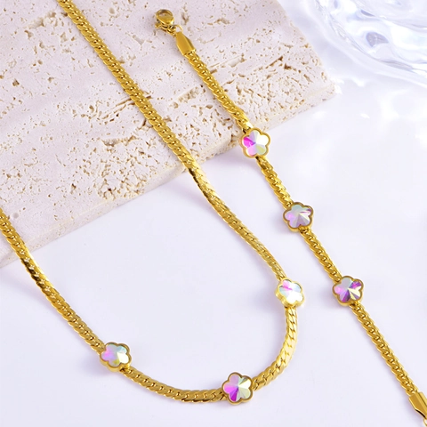 Stainless Steel Gold Plated Necklace Bracelet Jewelry Set Iridescent Flower Pendants Flat Snake Chain Women