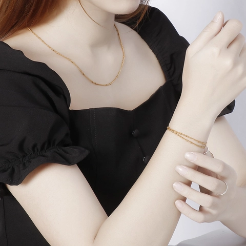 Stainless Steel Jewelry Set Bead Chain Necklace And Bracelet Minimalist Gold Silver Tone For Women Elegant Simple Style