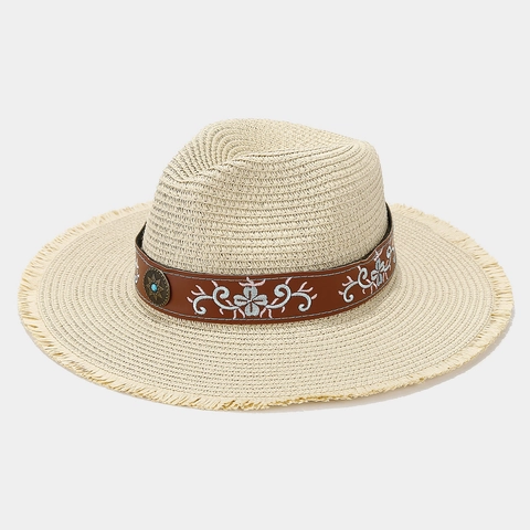 Cappello Fedora Paglia Tesa Larga Sfilacciata Fascia Pelle Ricamata Protezione Solare Boemo Spiaggia